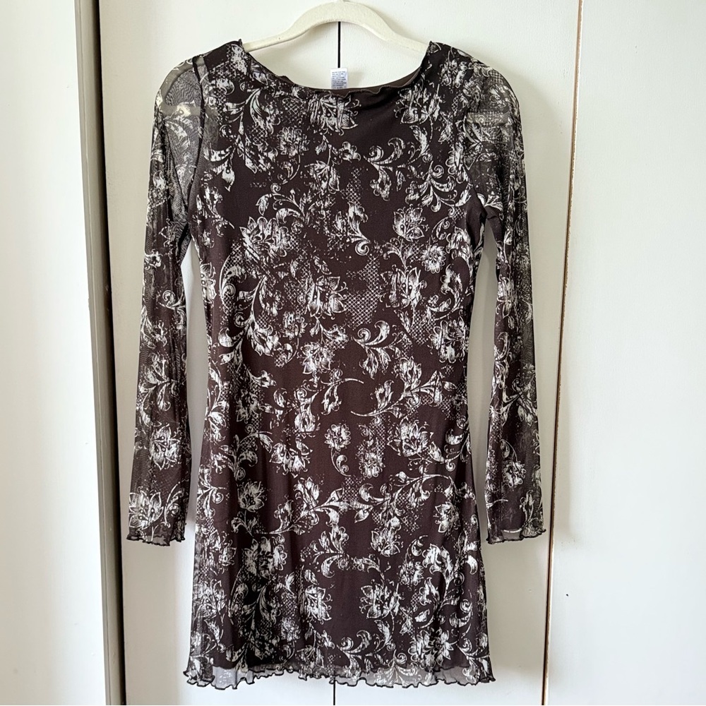 Brown and White Floral Mesh Mini Dress - Picture 4 of 10